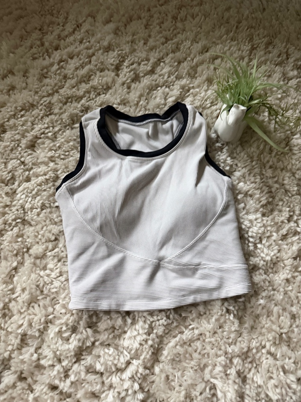 White Ribbed Sports Bra athletic gym workout comfy Crop with Black Trim  ribbed